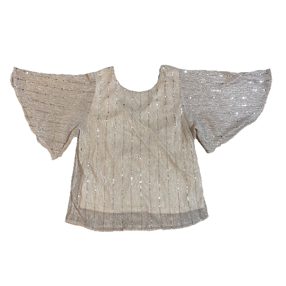 Sweet Rain Shimmer Women's Large Metallic Sparkle Tie Neck Party Blouse Sequins
